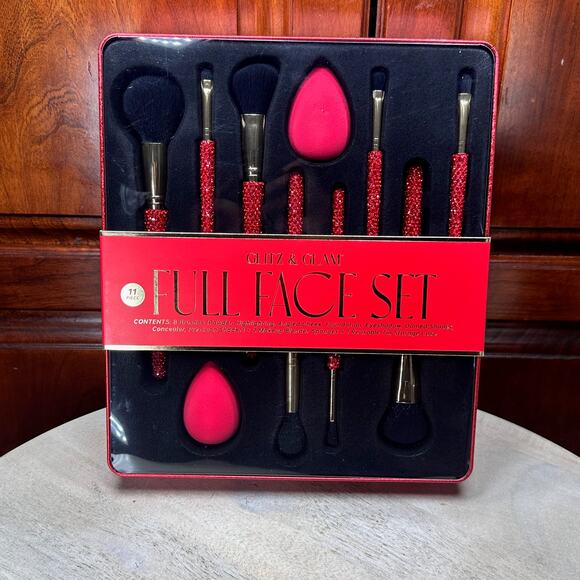 Glitz & Glam 11-Piece Full Face Brush Set Red Rhinestone Handles + Sponges NEW - Picture 1 of 16